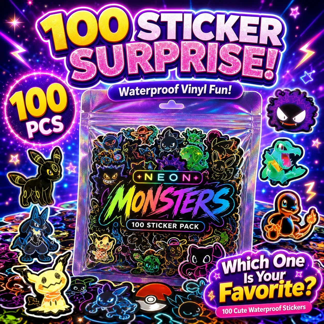 100 autocollants Pokémon néon, - Wall Sticker avis et prix